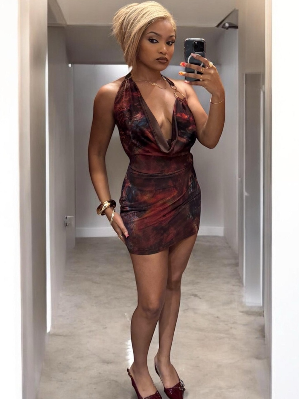 Deep V Halter Mini Dress in Burgundy Red